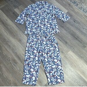 LAUREN Ralph Lauren Blue and White Paisley Pajama Set Women's XL